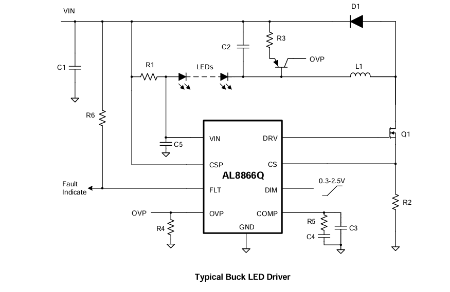 Schéma du circuit d'application - Diodes Incorporated Convertisseur Buck-Boost, Boost, Buck et SEPIC AL8866Q