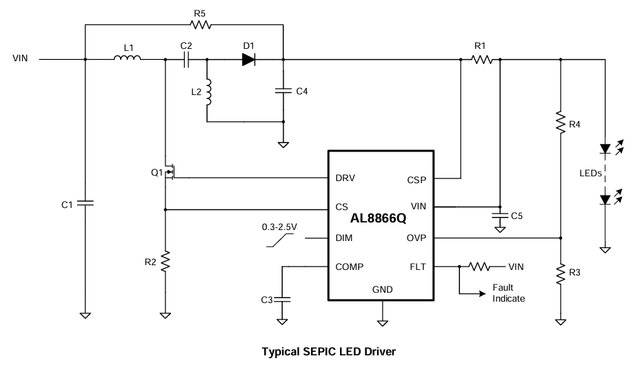 Schéma du circuit d'application - Diodes Incorporated Convertisseur Buck-Boost, Boost, Buck et SEPIC AL8866Q