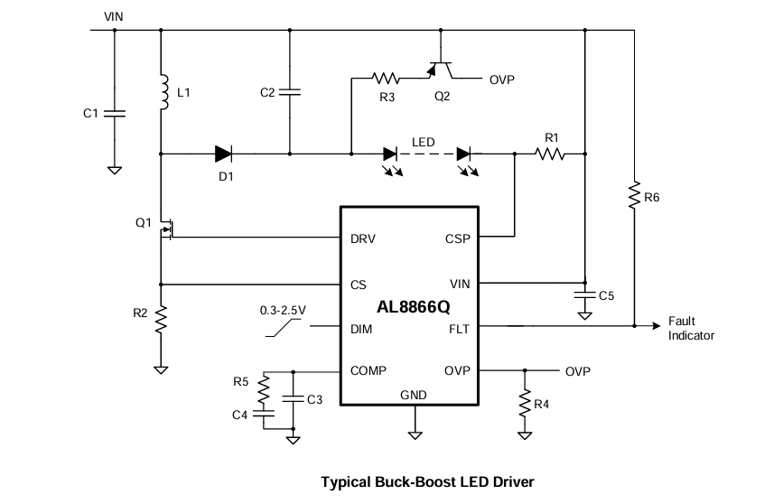 Schéma du circuit d'application - Diodes Incorporated Convertisseur Buck-Boost, Boost, Buck et SEPIC AL8866Q