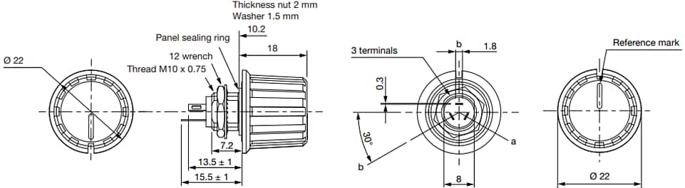 Plan mécanique - Vishay / Sfernice Potentiomètres à bouton Cermet P16FNP