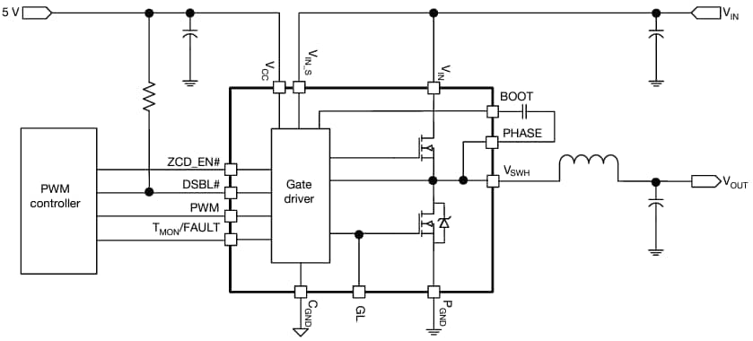 Schéma du circuit d'application - Vishay Semiconductors Module de puissance intégré SiC641 55 A VRPower®