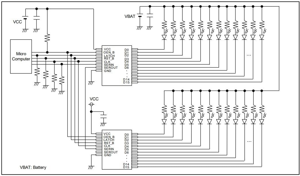Schéma du circuit d'application - ROHM Semiconductor CI pilote LED 16 canaux BD83816EFV-M