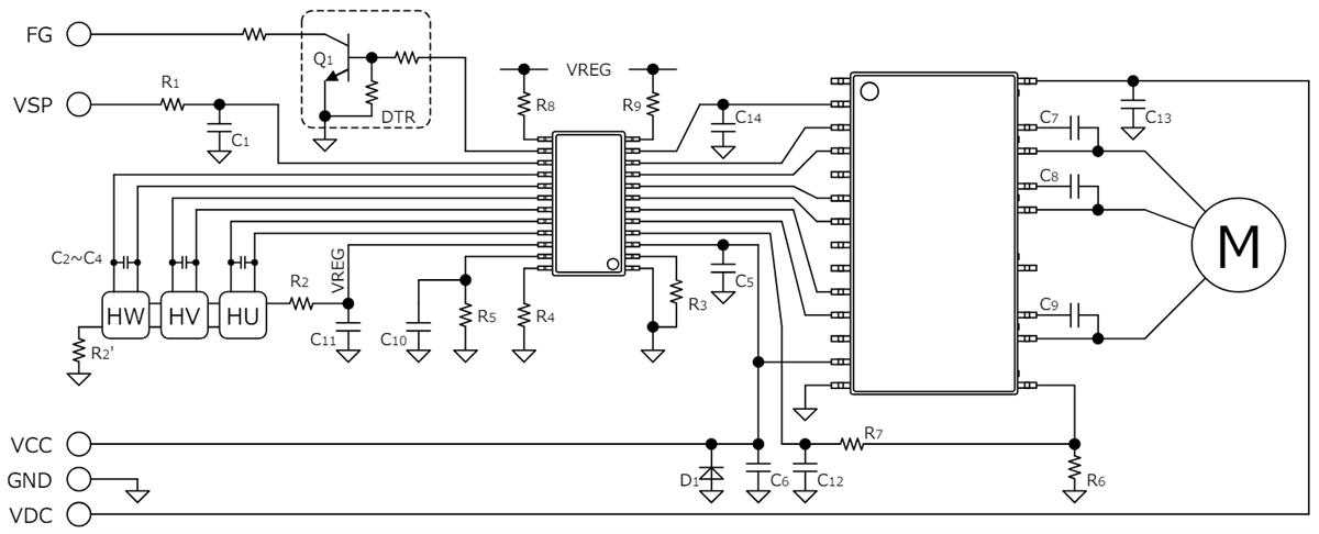 Schéma du circuit d'application - ROHM Semiconductor Contrôleurs de moteur de ventilateur brushless triphasé BD2601xBFS