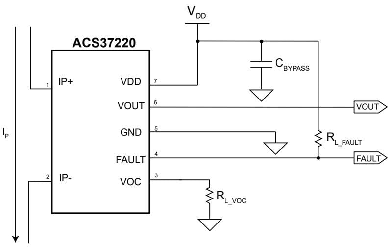 Schéma du circuit d'application - Allegro MicroSystems Détecteurs de courant à faible résistance ACS37220
