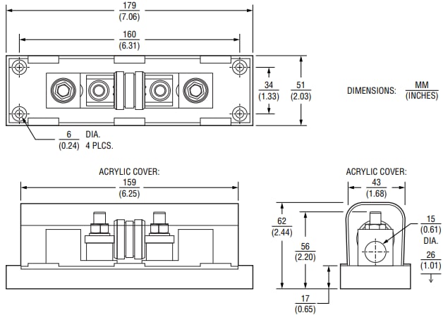 Plan mécanique - Bourns Blocs de fusibles de classe T CFB Riedon™