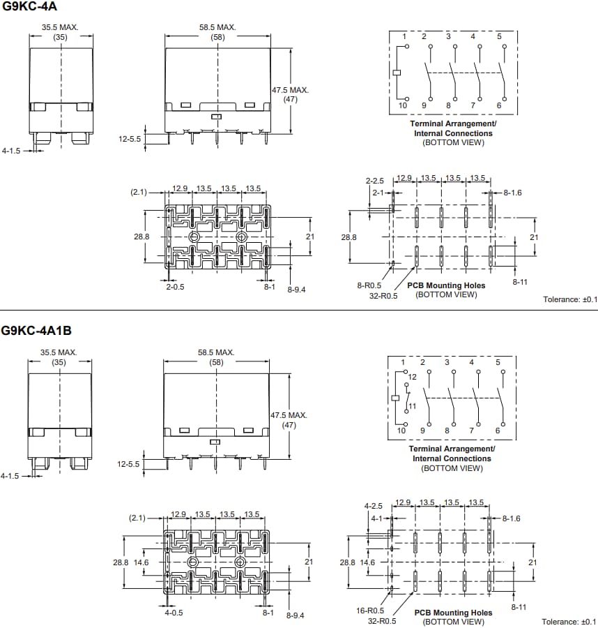 Plan mécanique - Omron Electronics Relais de puissance PCB multipôles CA G9KC