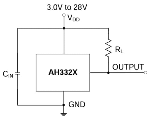 Schéma du circuit d'application - Diodes Incorporated Commutateurs unipolaires à effet Hall et haute tension AH332x