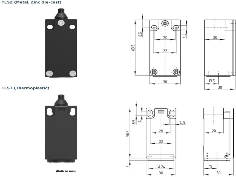 Plan mécanique - TE Connectivity / Alcoswitch Interrupteurs de fin de course TLS