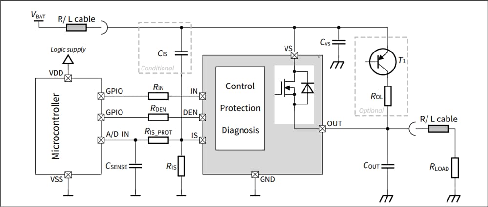 Schéma du circuit d'application - Infineon Technologies Commutateur de puissance intelligent côté haut BTS50007-1LUA