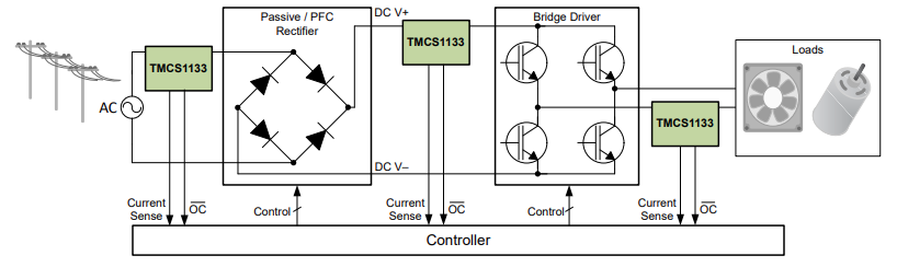 Schéma du circuit d'application - Texas Instruments Détecteurs de courant à effet Hall TMCS1133/TMCS1133-Q1