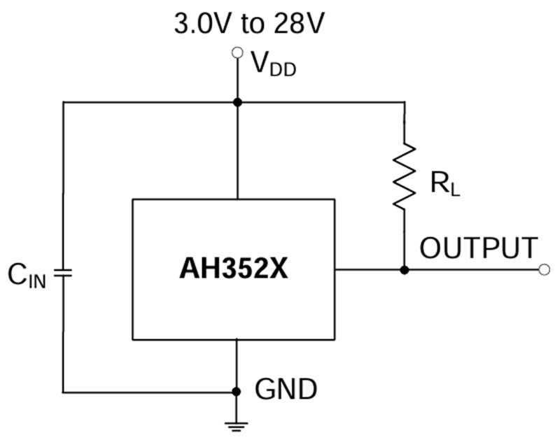 Schéma du circuit d'application - Diodes Incorporated Commutateurs omnipolaires à effet Hall AH352x