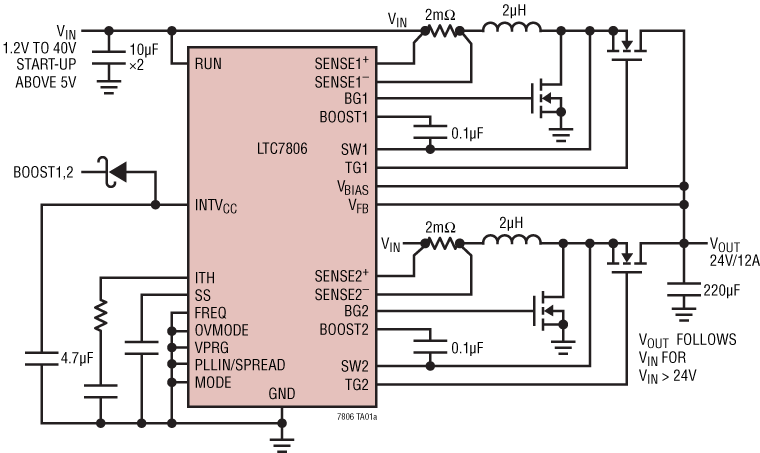 Schéma du circuit d'application - Analog Devices Inc. Contrôleurs Boost synchrones biphasés LTC7806