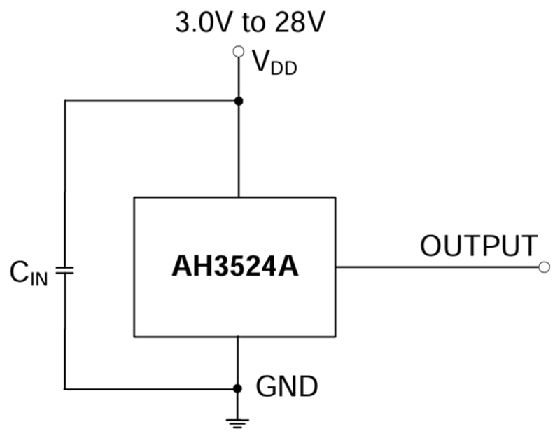 Schéma du circuit d'application - Diodes Incorporated Commutateurs omnipolaires à effet Hall AH3524A
