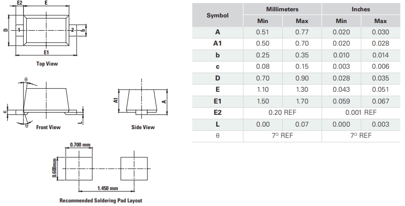 Plan mécanique - Littelfuse AQ1205-01LTG Diode TVS bidirectionnelle