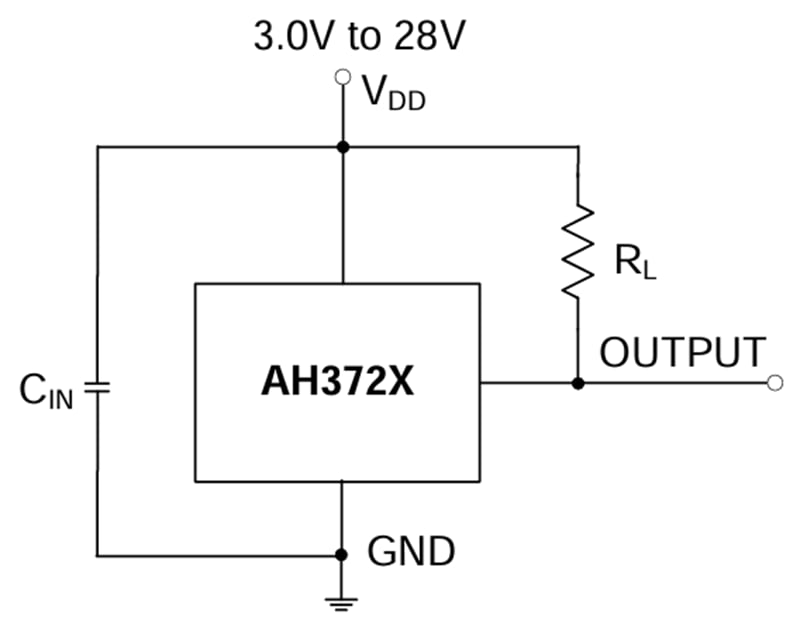 Schéma du circuit d'application - Diodes Incorporated Verrou à effet Hall et haute tension AH372x