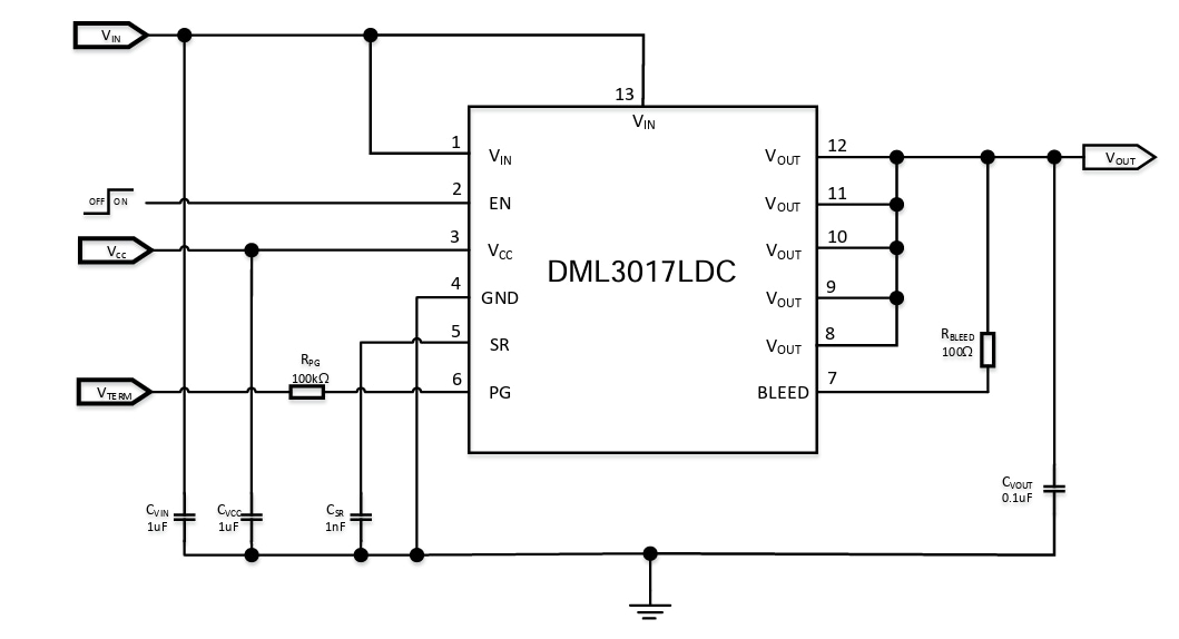 Schéma du circuit d'application - Diodes Incorporated Commutateurs de charge intelligents monocanal DML3017LDC 