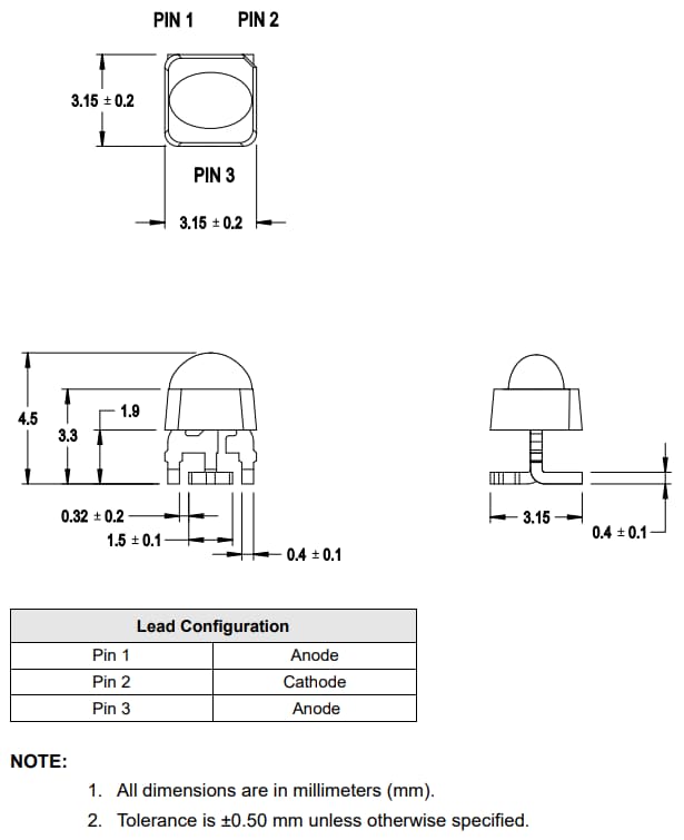 Plan mécanique - Broadcom Mini LED ovales haute luminosité AAMD-Lx3x/AAMD-LY3