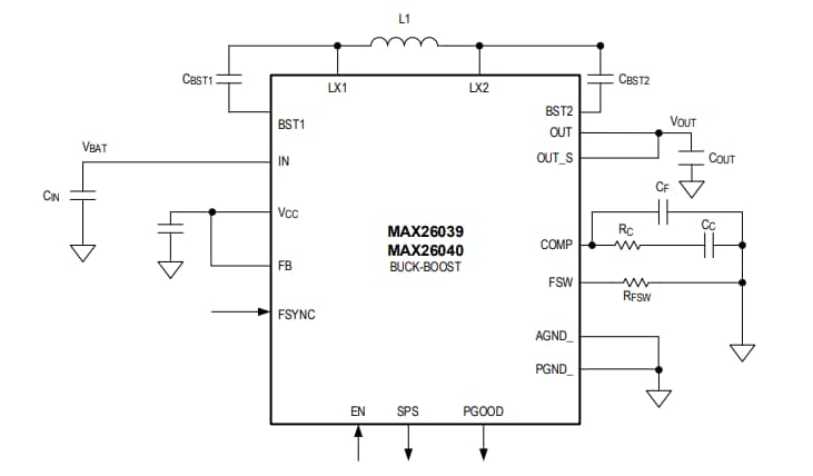 Schéma du circuit d'application - Analog Devices Inc. Convertisseurs Buck-Boost MAX26040