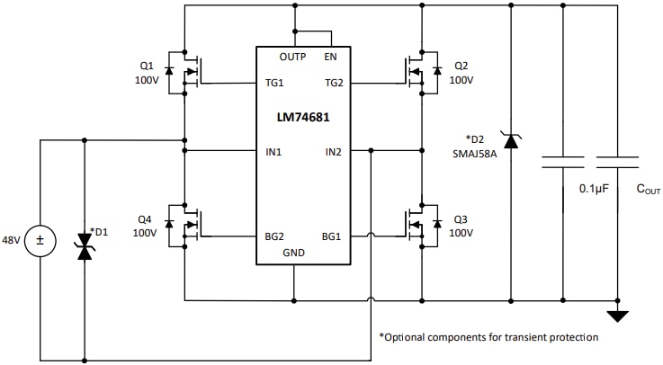 Schéma du circuit d'application - Texas Instruments Contrôleur de pont de diode idéale LM74681 100 V