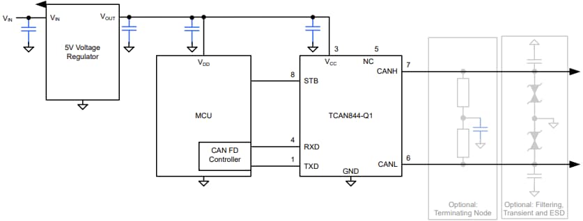 Schéma du circuit d'application - Texas Instruments Émetteur-récepteur FD CAN automobile TCAN844-Q1