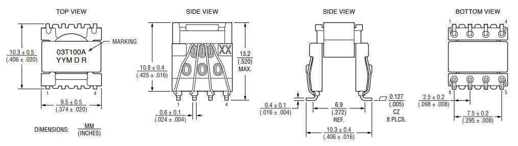 Plan mécanique - Bourns Transformateurs de pilote de grille HVMA03T100A-ST10S