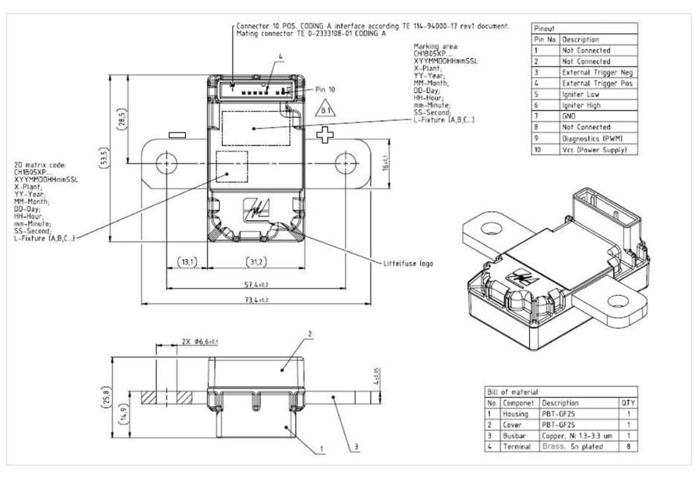Plan mécanique - Littelfuse Déclencheur de fusible pyrotechnique CH1B050P