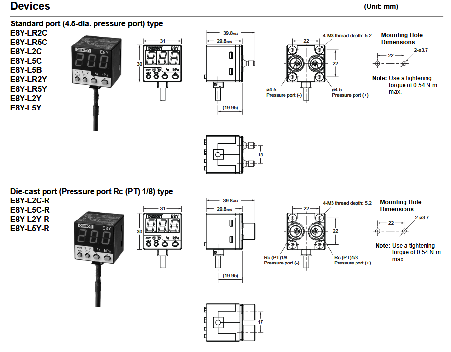 Plan mécanique - Omron Electronics Capteurs de micropression avec affichage numérique E8Y-L 