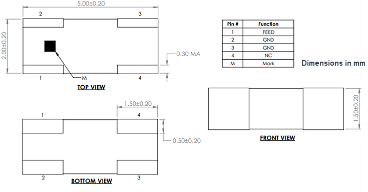 Mechanical Drawing - Abracon AANI-CH On-Metal BLUETOOTH®/Wi-Fi® Chip Antenna