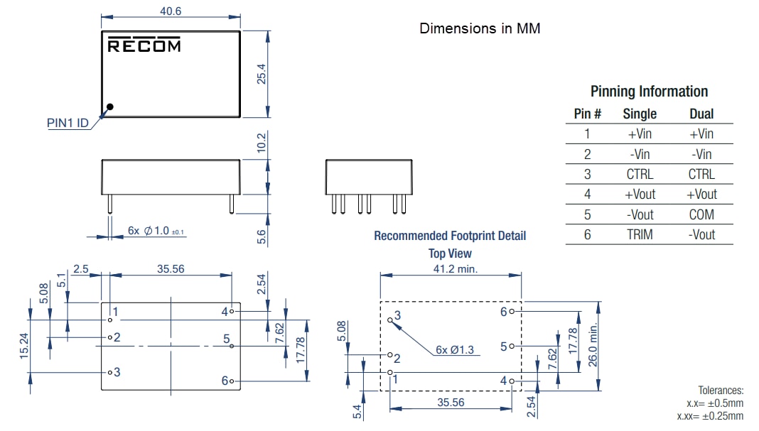 Plan mécanique - RECOM Power Convertisseurs CC-CC RPA20-FR