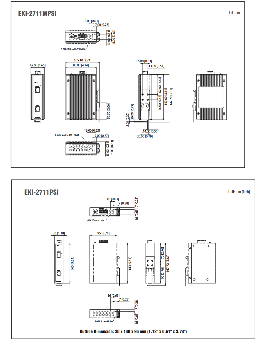 Plan mécanique - Advantech Séparateurs PoE EKI-2711MPSI et EKI-2711PSI