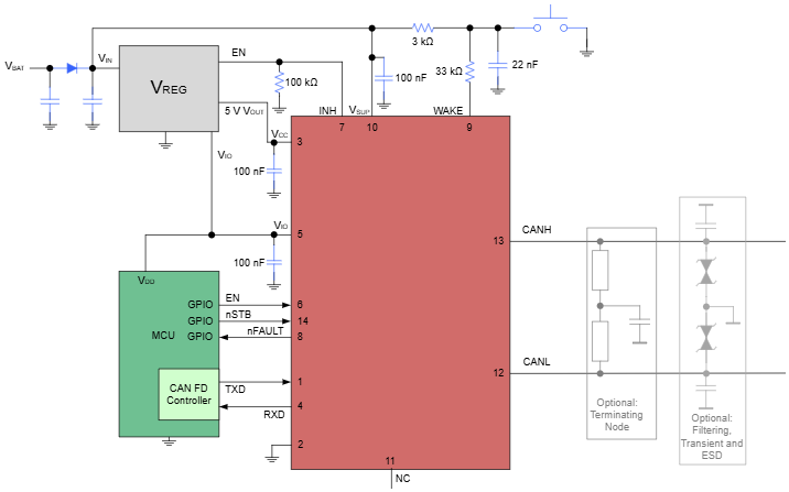 Schéma du circuit d'application - Texas Instruments Émetteur-récepteur FD CAN automobile TCAN1043N-Q1