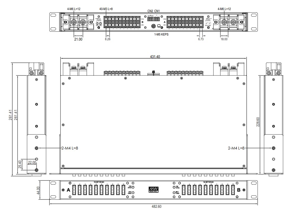 Plan mécanique - MEAN WELL Unité de distribution d'alimentation montée sur rack RDU20G-200