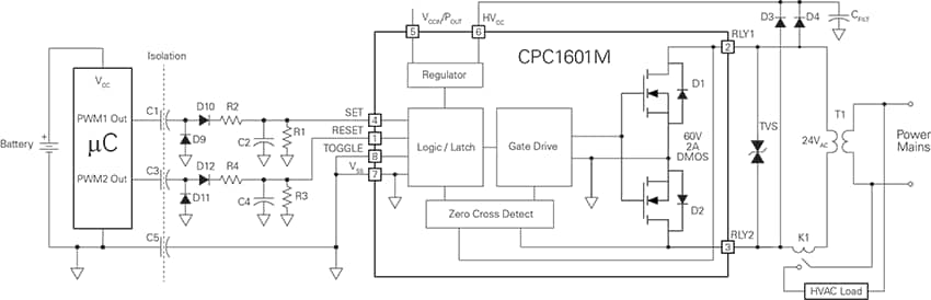Schéma du circuit d'application - IXYS Integrated Circuits Relais à enclenchement à semi-conducteur CPC1601M 1-Forme-A