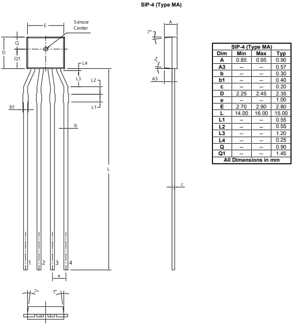 Plan mécanique - Diodes Incorporated Éléments Hall InSb AHE300