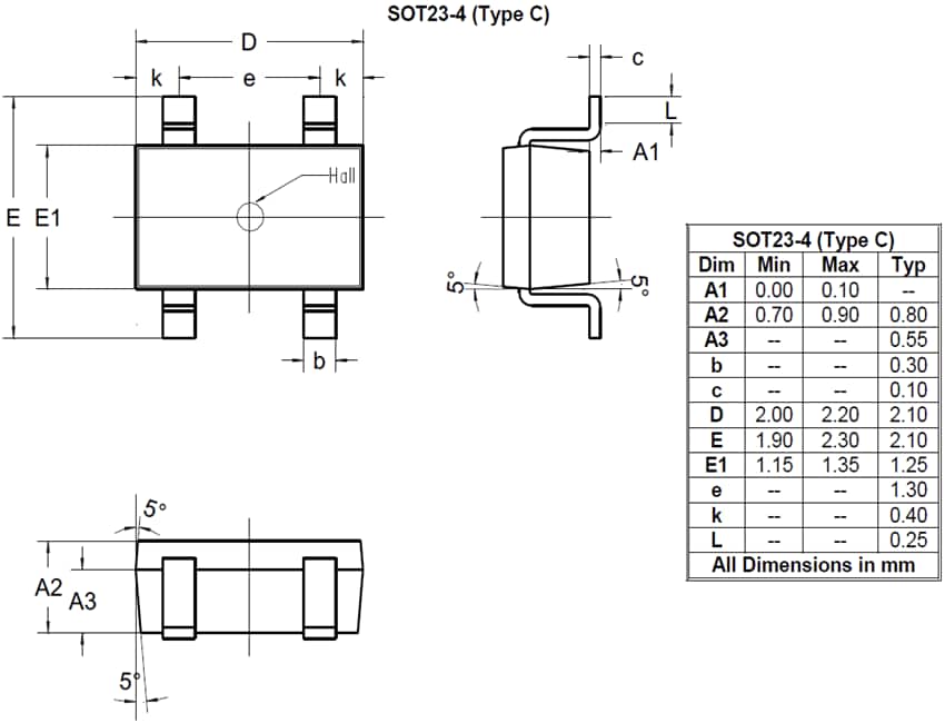 Plan mécanique - Diodes Incorporated Éléments Hall InSb AHE108