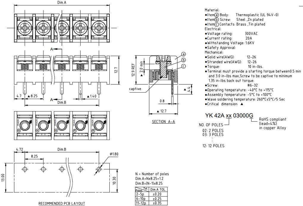 Plan mécanique - Amphenol Anytek Blocs de jonction à barrière à une rangée YK42A