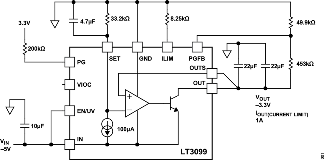 Schéma du circuit d'application - Analog Devices Inc. Régulateurs linéaires négatifs LT3099 à PSRR ultra-élevé