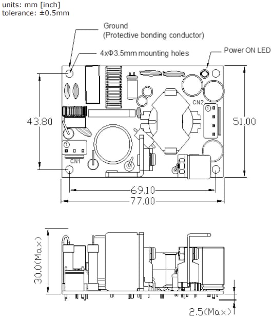 Plan mécanique - CUI Inc Alimentations électriques internes CA-CC VOFM-65G