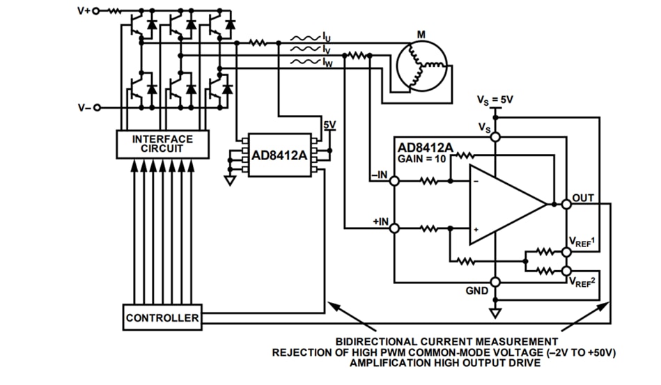 Schéma du circuit d'application - Analog Devices Inc. Amplificateurs de détection de courant AD8412A