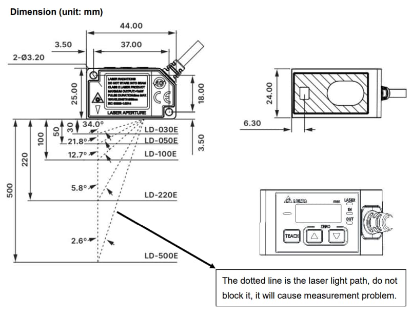 Mechanical Drawing - Delta IA LD-E Laser Displacement Sensors