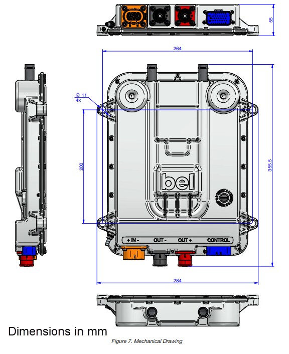 Plan mécanique - Bel Power Solutions Convertisseurs CC-CC à refroidissement liquide de 2e génération pour la mobilité électrique