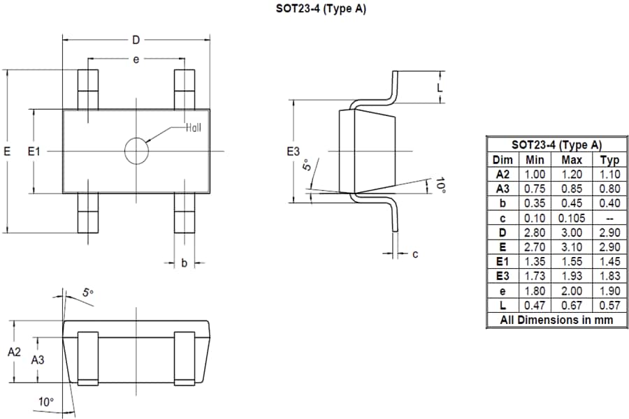 Plan mécanique - Diodes Incorporated Éléments Hall InSb AHE101
