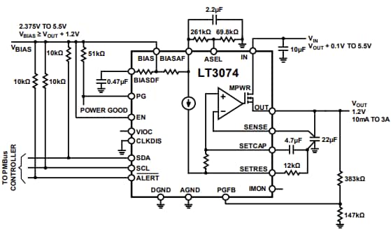 Schéma du circuit d'application - Analog Devices Inc. Régulateurs linéaires de perte de niveau LT3074