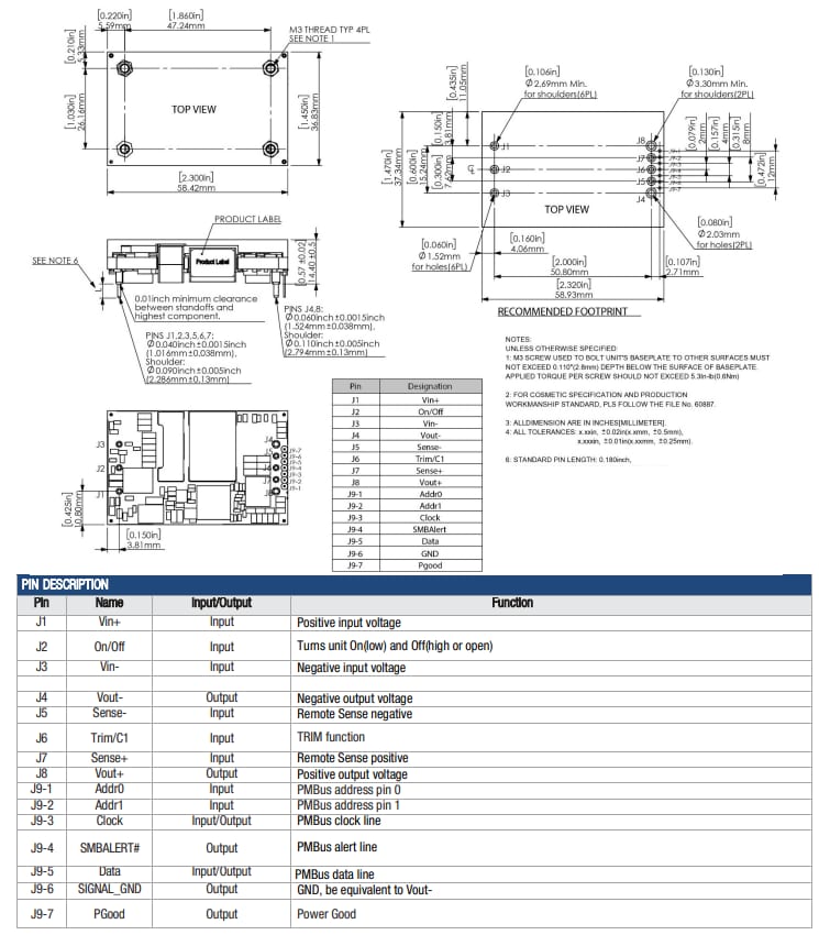 Plan mécanique - Murata Power Solutions Convertisseurs numériques CC-CC 700 W quart de brique MPQ700