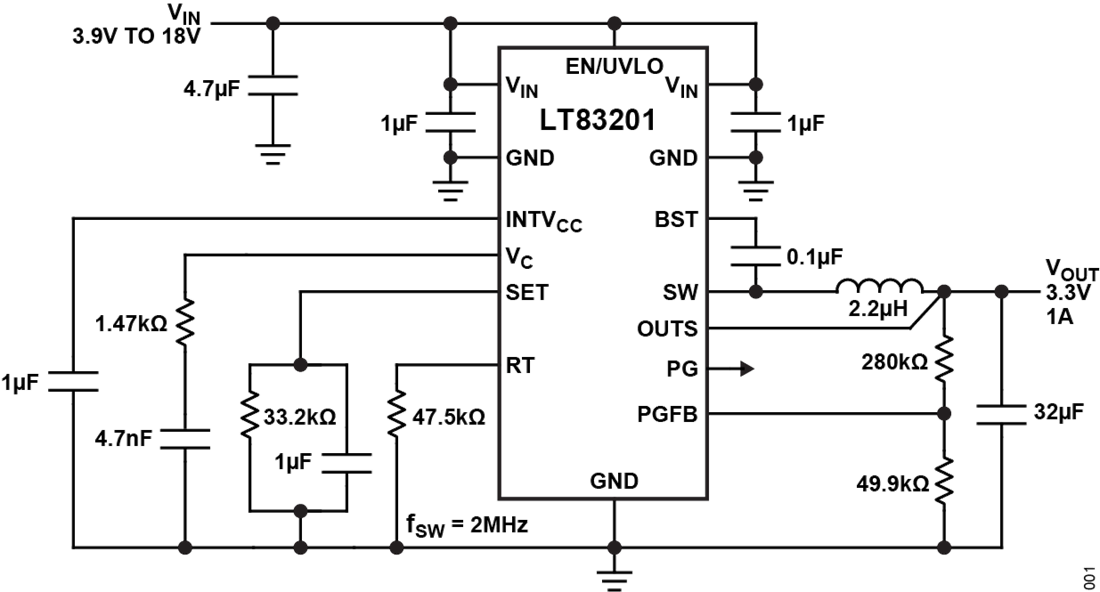 Schéma du circuit d'application - Analog Devices Inc. Régulateur abaisseur à bruit ultra-faible LT83201