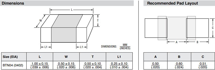 Plan mécanique - Bourns thermistances CTN CMS BTN04G