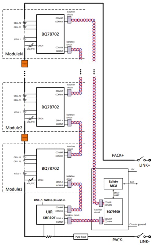 Schéma du circuit d'application - Texas Instruments Moniteur de batterie empilable bq78702B 18 S