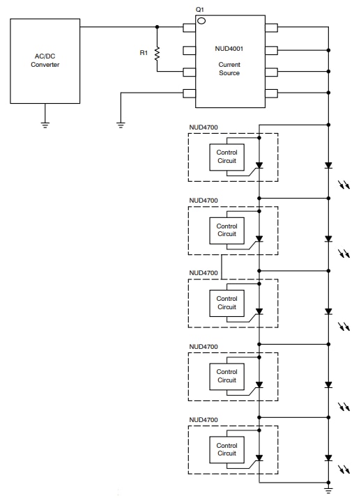 Schéma du circuit d'application - onsemi Shunt LED NUD4700