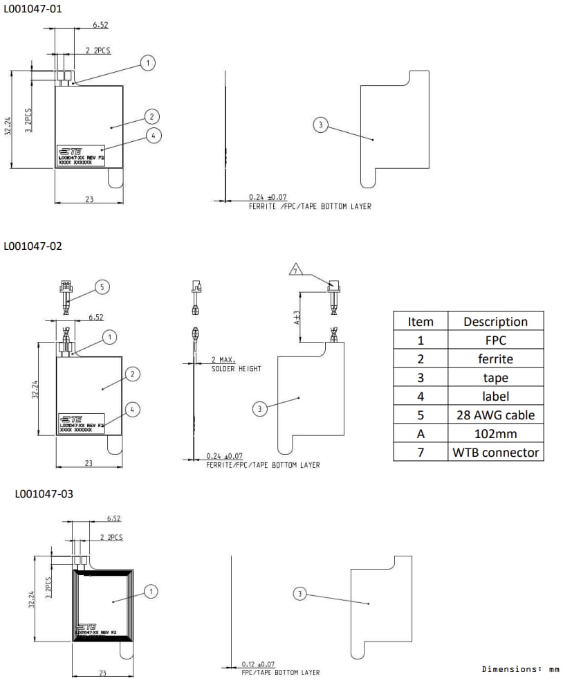 Plan mécanique - TE Connectivity Antennes flexibles de PCB (connecteur FPC) L001047