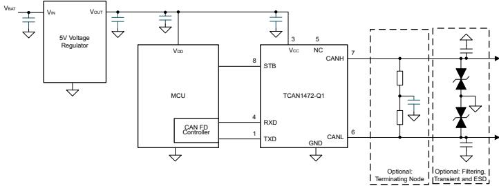 Schéma du circuit d'application - Texas Instruments Émetteur-récepteur automobile à protection contre les défauts TCAN1472-Q1